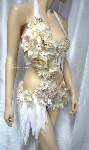 Gold and White Goddess Fairy Monokini Dance Costume Rave Bra Halloween