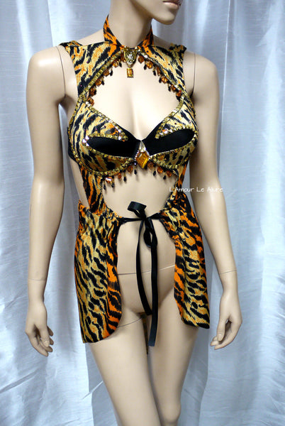 Golden Studded Jungle Tiger Goddess Monokini Dress