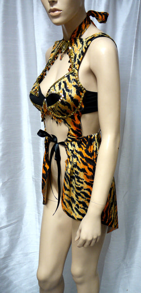 Golden Studded Jungle Tiger Goddess Monokini Dress