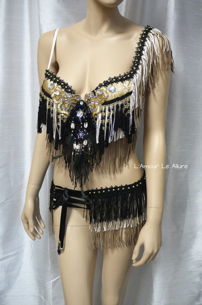 Black Gold and Cream Native Fringe Bra and Skirt