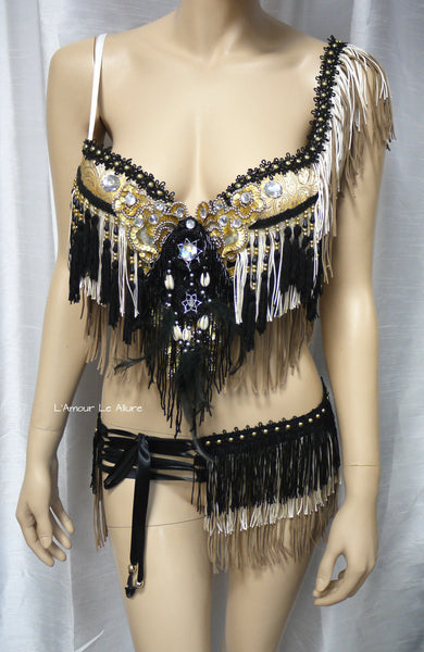 Black Gold and Cream Native Fringe Bra and Skirt