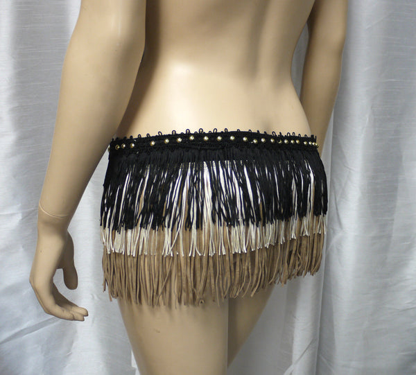 Black Gold and Cream Native Fringe Bra and Skirt