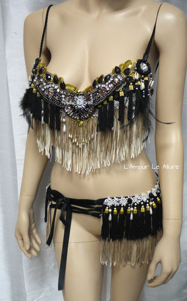 Black Gold and Cream Fringe Bra and Skirt with feathers