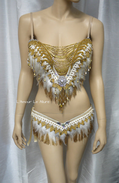 Gold and White Feather Native indian Fringe Plunge Bra and Skirt