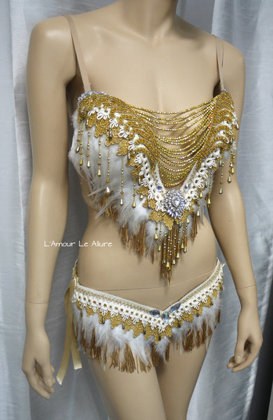 Gold and White Feather Native indian Fringe Plunge Bra and Skirt