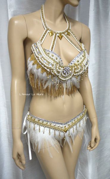 Gold and White Feather Native Indian Fringe Bra and Skirt