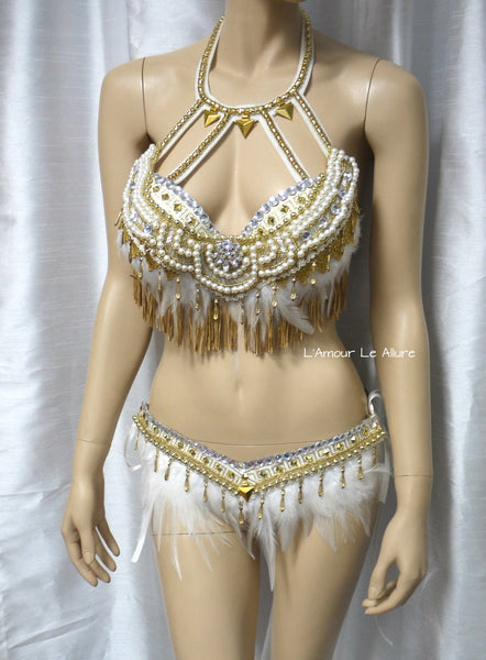 Gold and White Feather Native Indian Fringe Bra and Skirt