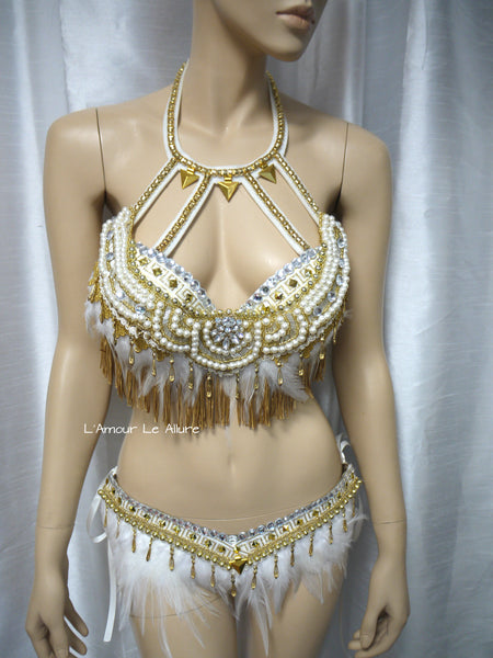 Gold and White Feather Native Indian Fringe Bra and Skirt