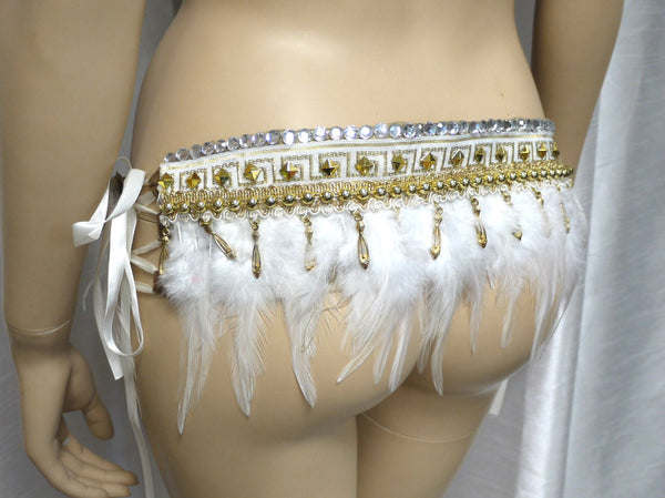 Gold and White Feather Native Indian Fringe Bra and Skirt