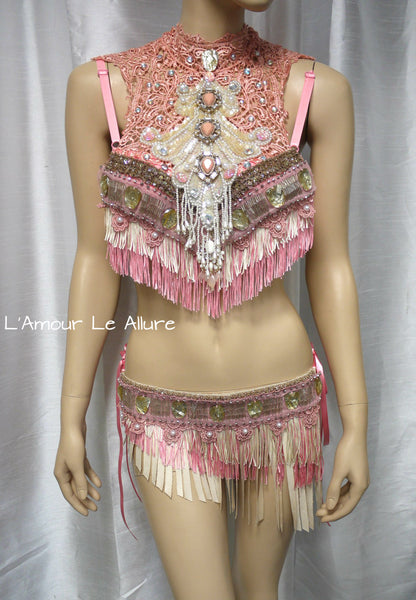 Pastel Pink and Cream Mermaid Fringe Bra and Skirt