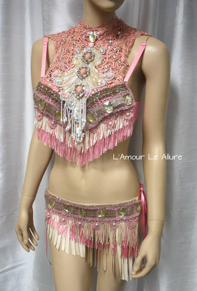 Pastel Pink and Cream Mermaid Fringe Bra and Skirt