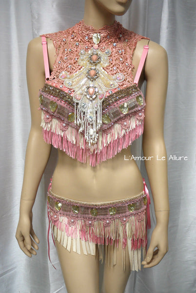 Pastel Pink and Cream Mermaid Fringe Bra and Skirt