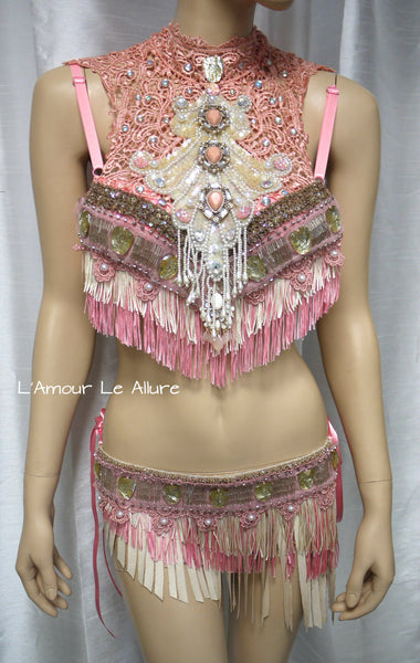 Pastel Pink and Cream Mermaid Fringe Bra and Skirt