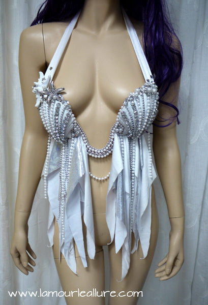 White Diamond Plunge Mermaid Shell Dance Costume Rave Bra Halloween