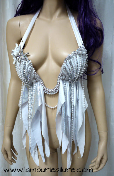 White Diamond Plunge Mermaid Shell Dance Costume Rave Bra Halloween