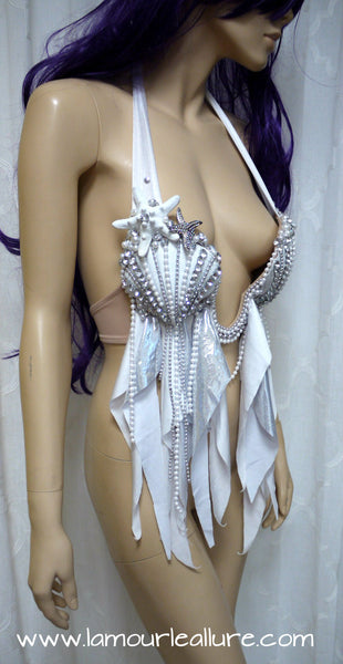 White Diamond Plunge Mermaid Shell Dance Costume Rave Bra Halloween