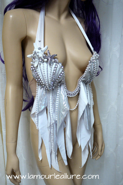 White Diamond Plunge Mermaid Shell Dance Costume Rave Bra Halloween