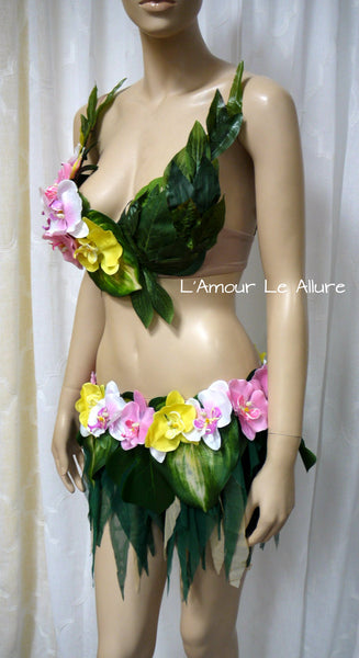 Hula Island Girl Orchid Flower Bra and Leaf Skirt