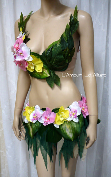 Hula Island Girl Orchid Flower Bra and Leaf Skirt