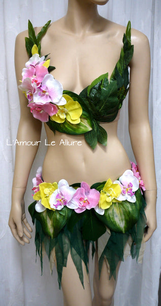 Hula Island Girl Orchid Flower Bra and Leaf Skirt