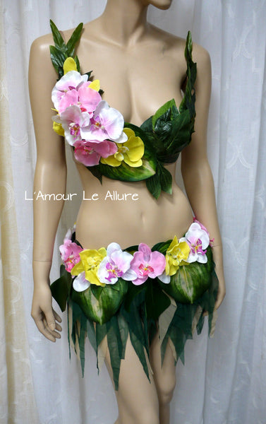 Hula Island Girl Orchid Flower Bra and Leaf Skirt