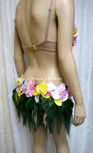 Hula Island Girl Orchid Flower Bra and Leaf Skirt