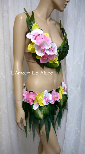 Hula Island Girl Orchid Flower Bra and Leaf Skirt