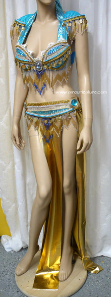 Turquoise and Gold Belly Dancer Beaded Bra and Skirt