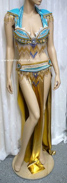 Turquoise and Gold Belly Dancer Beaded Bra and Skirt