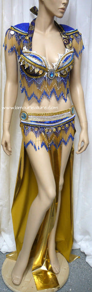 Electric Blue and Gold Belly Dancer Beaded Bra and Skirt