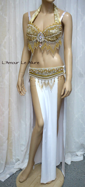 White and Gold Eevee Gypsy Belly Dancer Rave Bra and Skirt