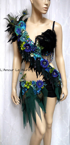 Floral Peacock Fairy Monokini Costume Rave Bra and Bottom