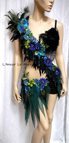 Floral Peacock Fairy Monokini Costume Rave Bra and Bottom