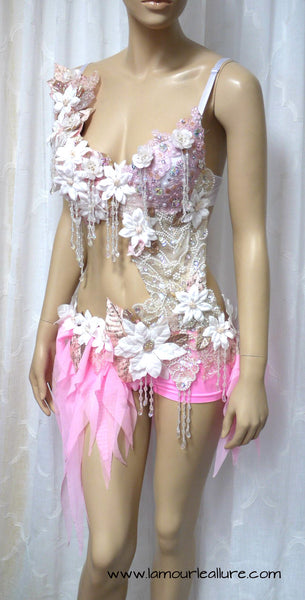 Pearl Pink White Fairy Monokini Dance Costume Rave Halloween