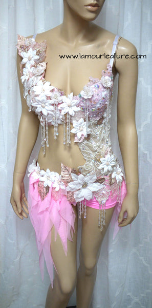 Pearl Pink White Fairy Monokini Dance Costume Rave Halloween