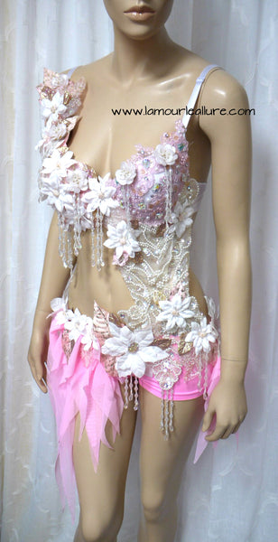 Pearl Pink White Fairy Monokini Dance Costume Rave Halloween