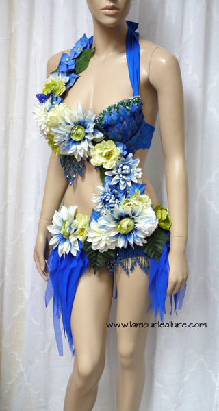 Green and Blue Spring Fairy Monokini Dance Costume Rave Bra Halloween