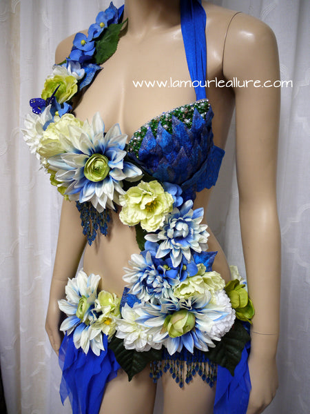 Green and Blue Spring Fairy Monokini Dance Costume Rave Bra Halloween