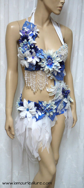 Blue and White Winter Water Fairy Monokini Bra and Shorts Costume