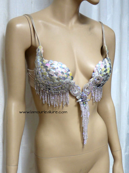 Iridescent White Sequin Scale Mermaid Plunge Dance Costume Rave Bra Halloween