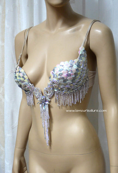 Iridescent White Sequin Scale Mermaid Plunge Dance Costume Rave Bra Halloween