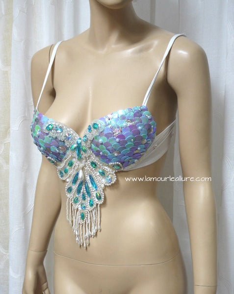 Iridescent Turquoise Scale Mermaid Dance Costume Rave Bra Halloween