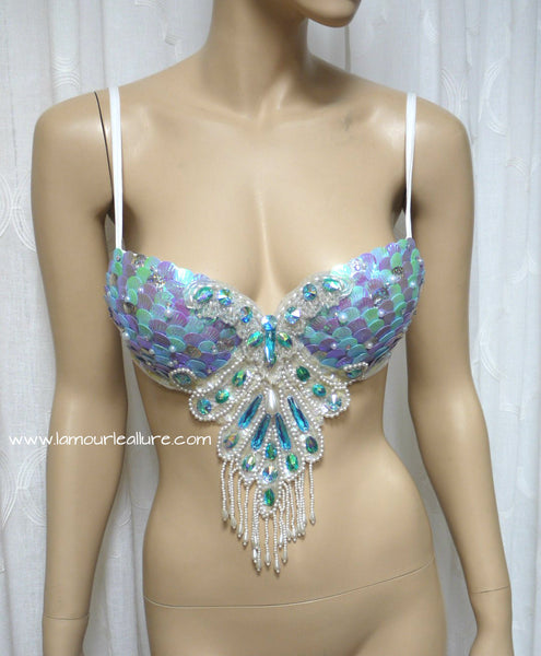 Iridescent Turquoise Scale Mermaid Dance Costume Rave Bra Halloween