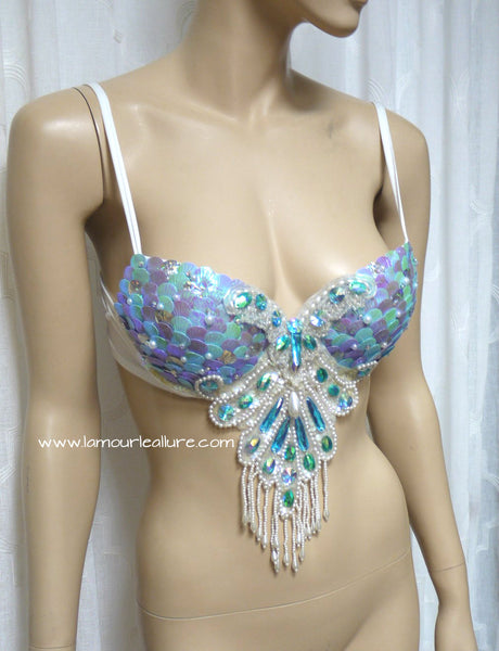 Iridescent Turquoise Scale Mermaid Dance Costume Rave Bra Halloween