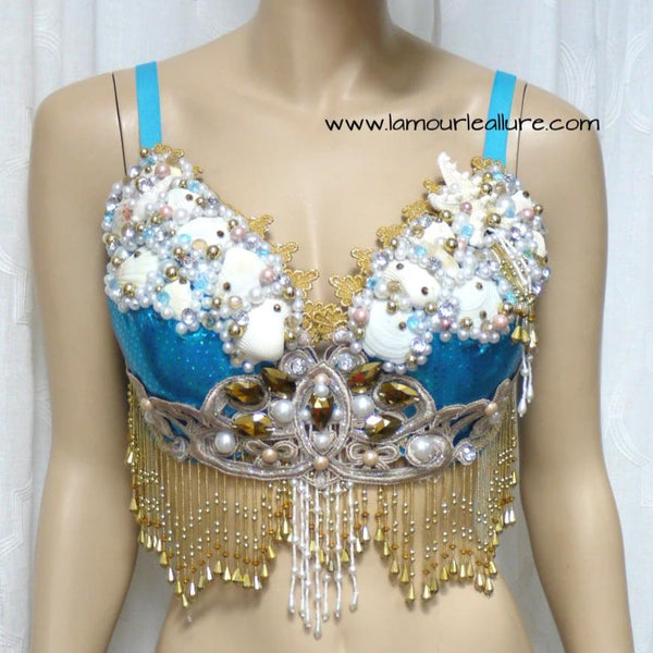 Turquoise Gold Goddess Mermaid Dance Costume Rave Bra Mermaid Halloween