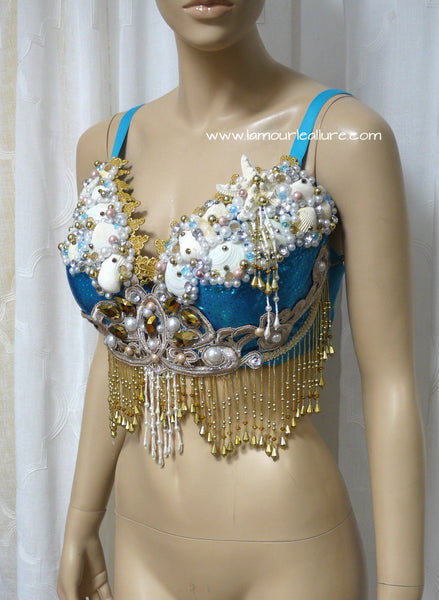 Turquoise Gold Goddess Mermaid Dance Costume Rave Bra Mermaid Halloween