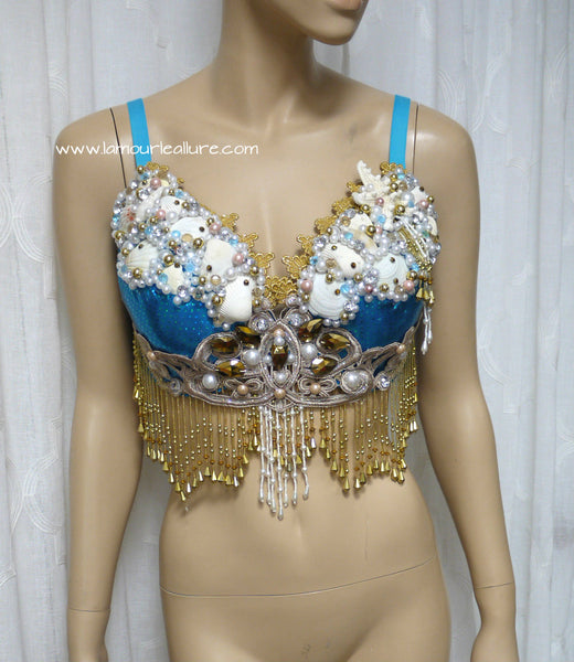 Turquoise Gold Goddess Mermaid Dance Costume Rave Bra Mermaid Halloween