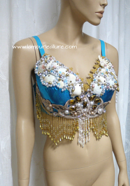 Turquoise Gold Goddess Mermaid Dance Costume Rave Bra Mermaid Halloween