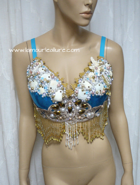 Turquoise Gold Goddess Mermaid Dance Costume Rave Bra Mermaid Halloween