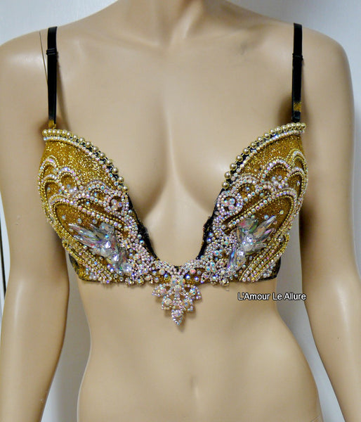 AB Iridescent Gold Glitter Mermaid Plunge Bra Siren Costume